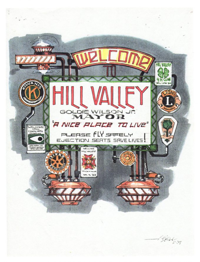 Back to the Future Part 2 concept art illustration John Bell Studio Hill Valley sign