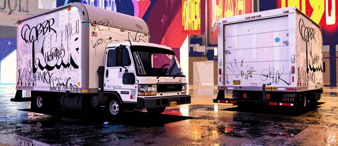 Spider Man Into the Spider Verse Concept Art Vaughan Ling box truck comp