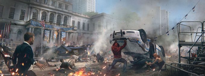 Spider Man PS4 Game Concept Art Dennis Chan Cityhall Bombing Concept Final v001