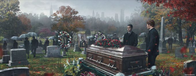 Spider Man PS4 Game Concept Art Dennis Chan JeffersonDavis Funeral Final Concept