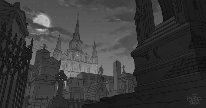 Patrick-Raines-Concept-Art-the-Princess-and-the-Frog-cemetery-tonal